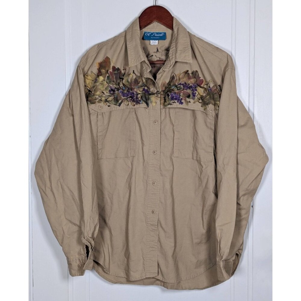 Vintage Ol' Paint Shirt Womens XL Hand Painted Flowers Floral Button Grape Vine